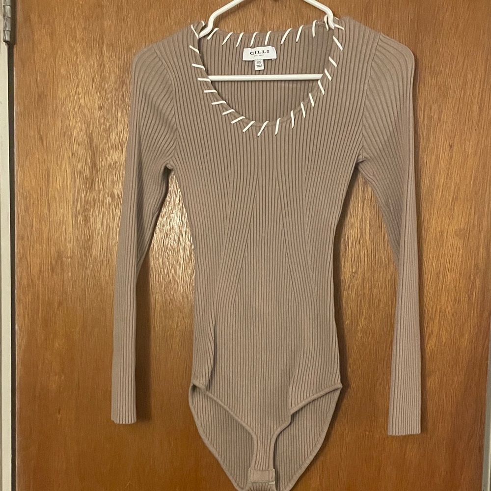 Gilli Taupe Ribbed Bodysuit with Lace-Up Neckline